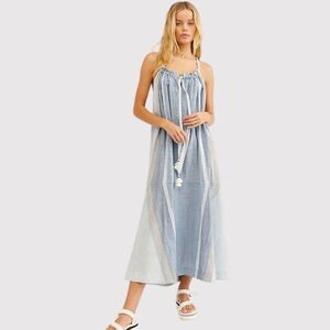 Free People Maxi Dress Blue Paradise and Back Striped Tasseled Flowy Boho Small